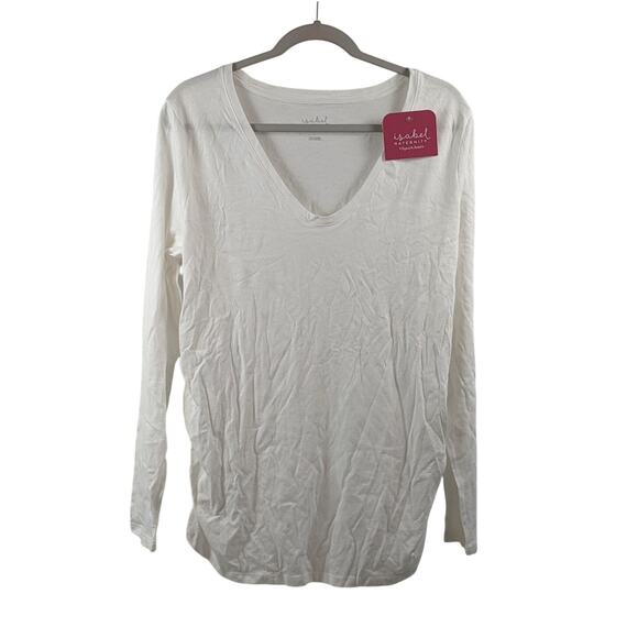 Ingrid & Isabel White Top Maternity Long Sleeve VNeck Shirred Solid TShirt Large - Picture 1 of 8